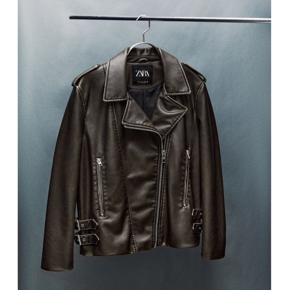 NWT Zara Faux Leather Biker Jacket Dark Brown Size S Small - Picture 1 of 13